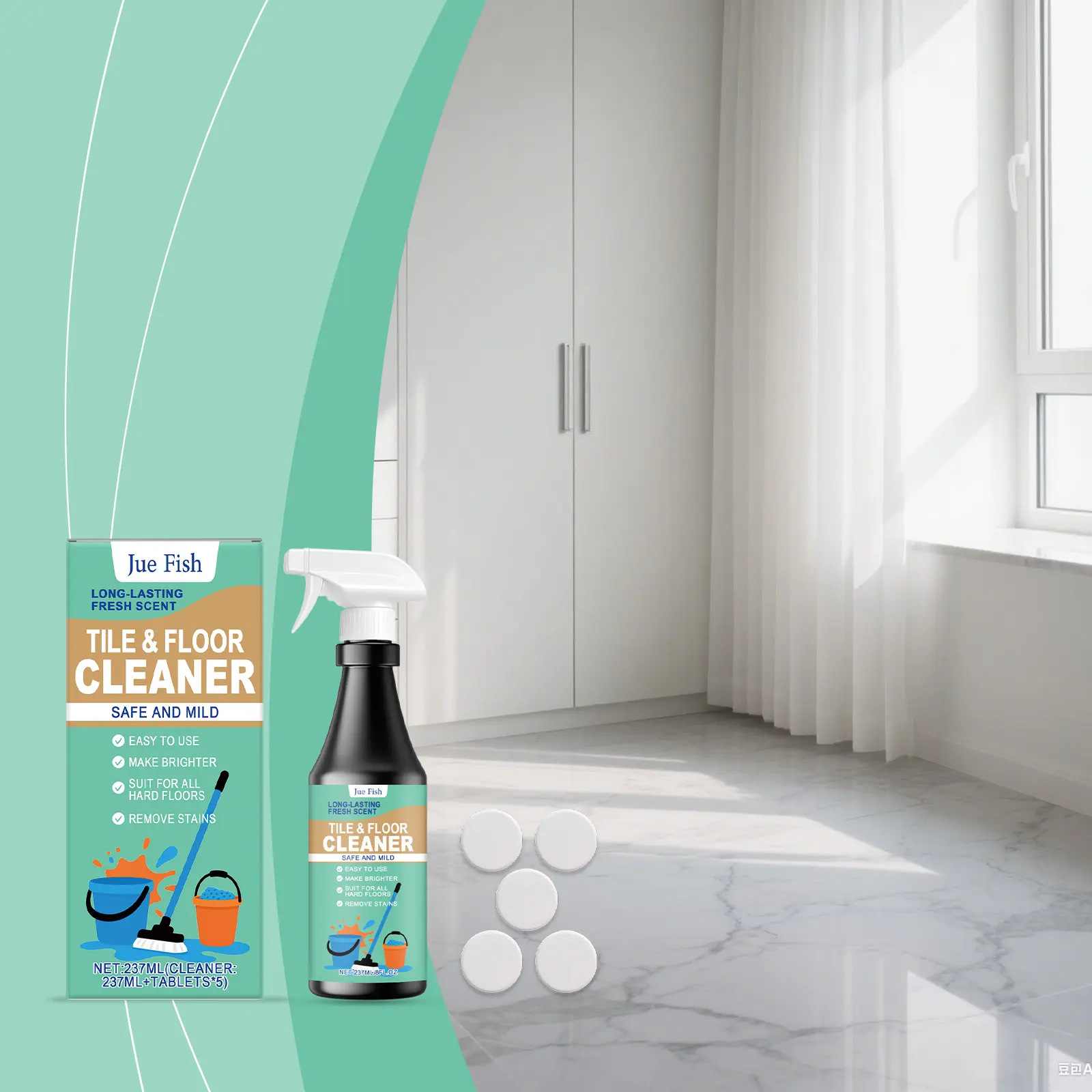 Jue Fish Household Floor Cleaner - Gentle Cleaning Formula, Stain Removal, Brightening, Scented, 336.2g, Compact Bottle, 3 Years Shelf Life, Daily Home Care Supplies, Fresh