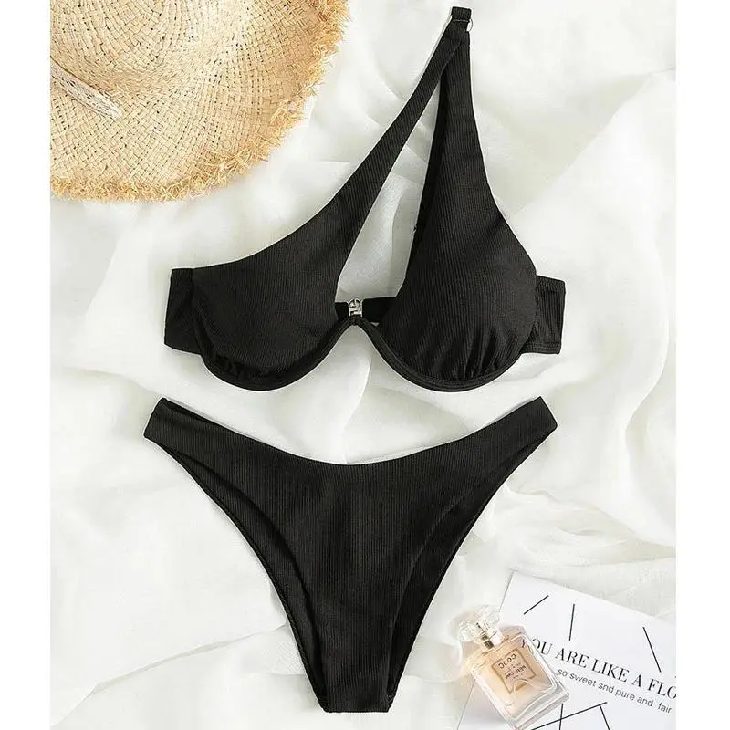 Women's 2023 1-Shoulder Push-Up High-Cut Cut-Out Bikini Set - S Size, Bust-Enhancing Short-Length Swimwear with Push-Up Bra for Swimming, Beach Wear