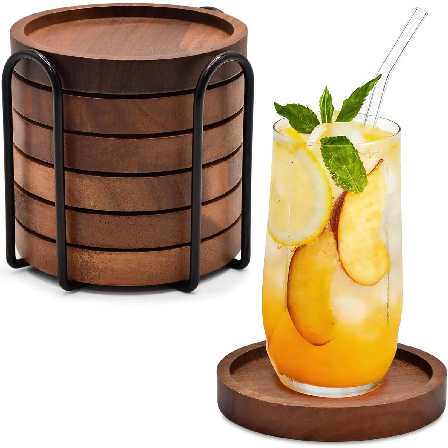 Wood Drink Coasters with Holder, Set of 6, Natural Absorbent Wooden Coasters for Drinks, Modern Rustic Farmhouse Office Bar Decor, Coffee Table Cup Coaster
