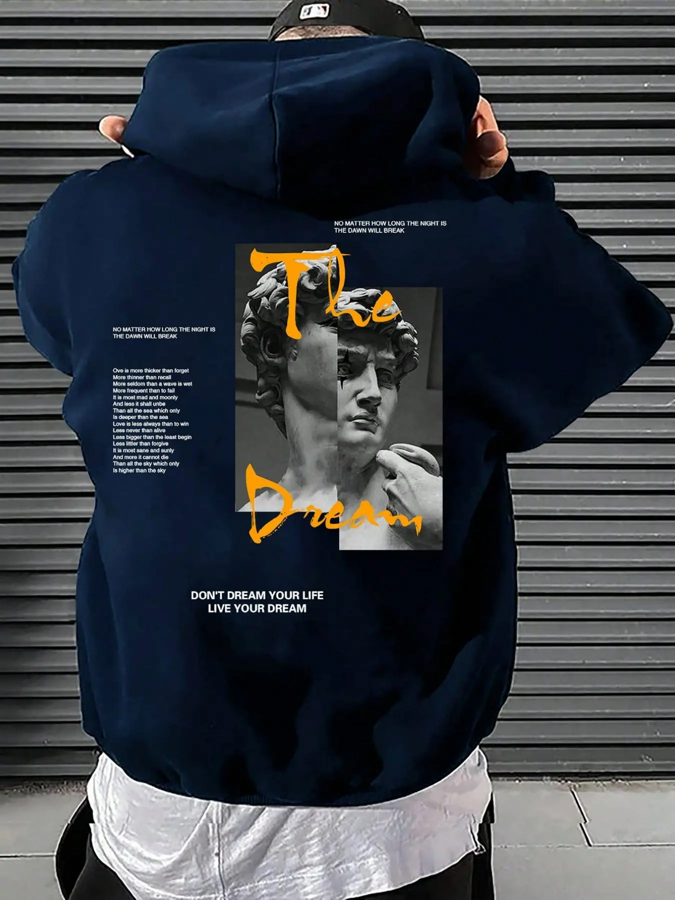 Men's Loose Fit Pullover Hoodie, Statue The Dream Graphic Print Hooded Sweatshirt, Streetwear Hoodie for Daily Commute, Hangout, Outdoor Casual Wear, Men's Fall Outfits & Winter Outfits