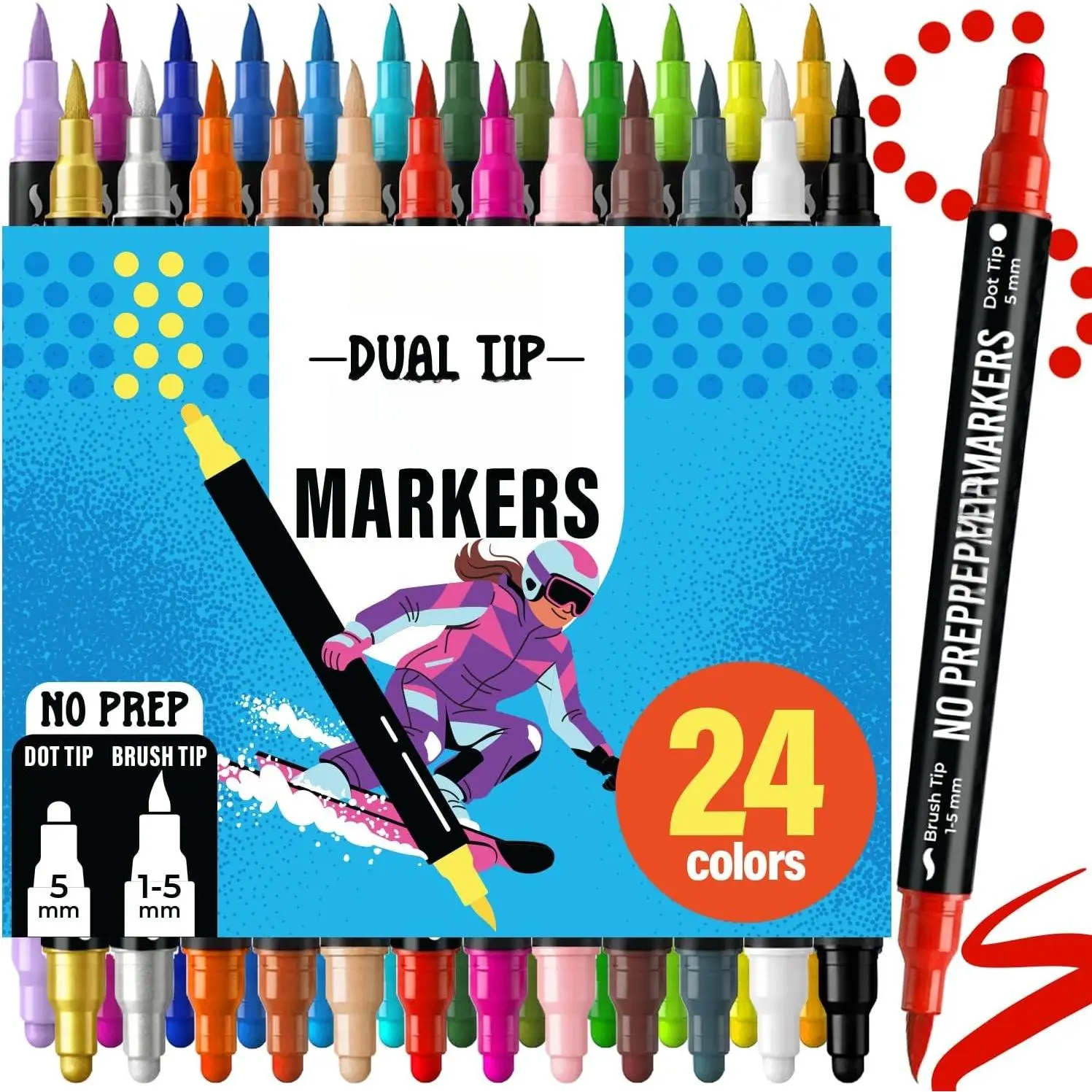 24 Chalk Markers for Blackboard, Chalkboard -  Tip Dot + Brush | No Pumping - Erasable Liquid Chalk Markers for Glass,  Window, Mirror - Washable Chalkboard Markers, Water Based Ink Pen