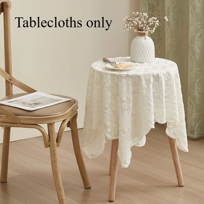 White 3D Daisy Knitted Lace Tablecloth, Embossed Floral Texture, Cream Tone, Decor Cover for Small Round Table, Side Table & Vanity for Cozy Home Styling