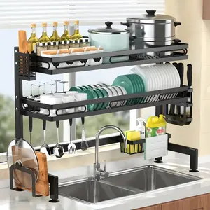 1 piece 2-layer carbon steel dishwasher rack - multifunctional H-shaped kitchen storage rack with drain board, cutlery, and chopping board bracket - no drilling required for installation