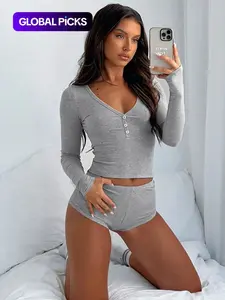 Two-Piece Set Women's Solid Long Sleeve Crop Top & High Waist Shorts Set, Button Front V Neck Top & Shorts Two-piece Set for Spring & Fall, Women's Two-piece Outfits