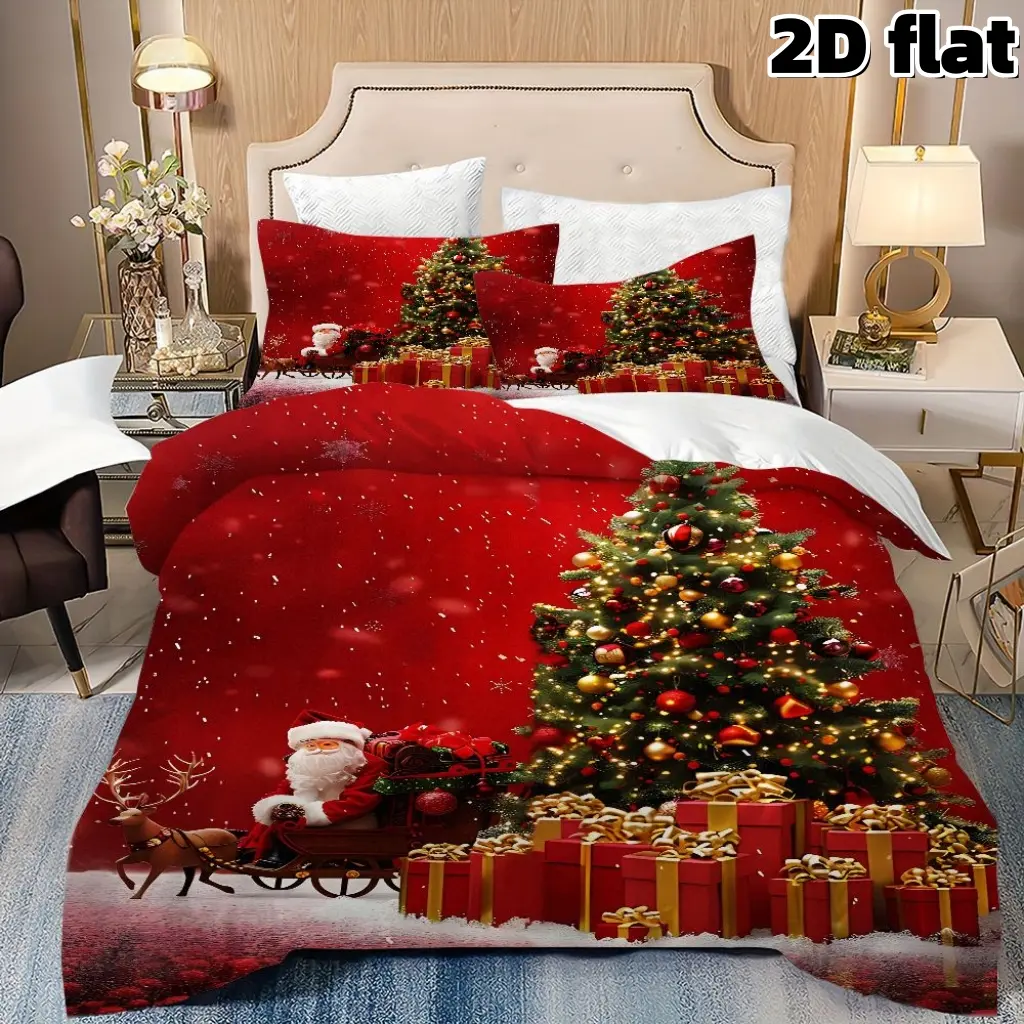 2D Flat 3Pcs Christmas Bedding Red Santa Claus Sleigh Reindeer Christmas Tree Pattern Microfiber Duvet Cover Holiday Winter Festival Festive Bedding Collection for Bedroom Home Decoration Gift (1 Duvet Cover+2 Pillowcases, No Comforter)