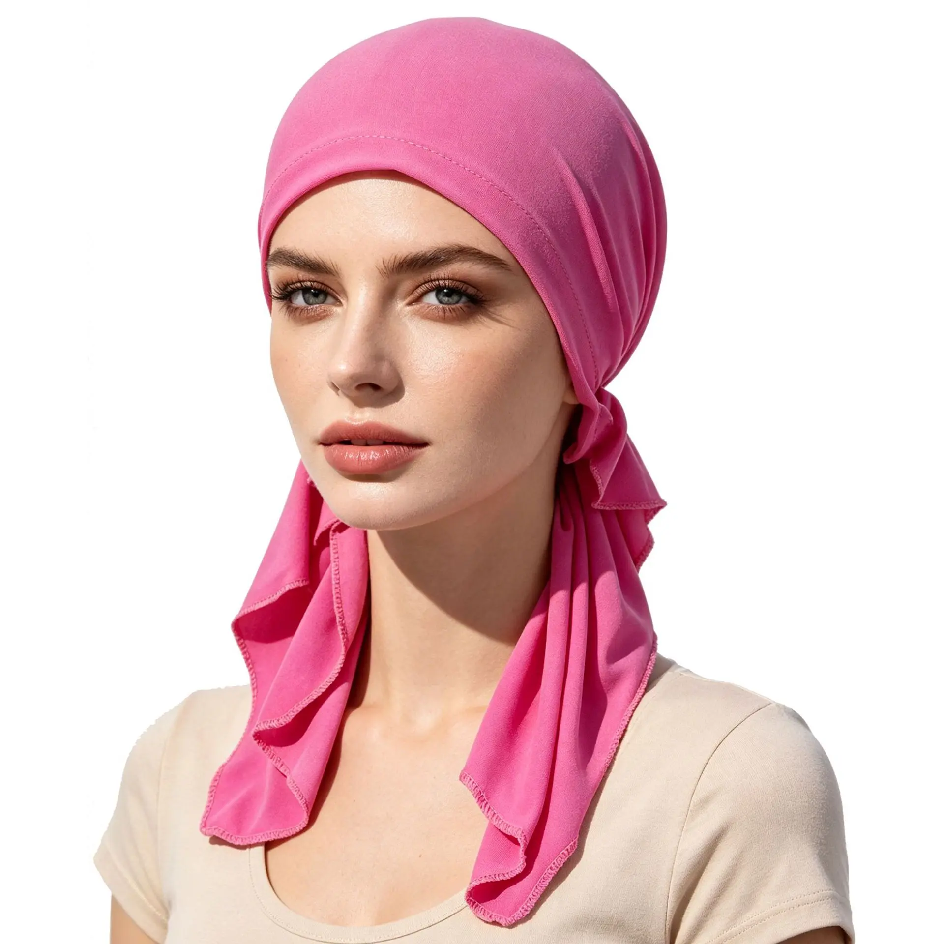 Effortless Solid Stretch Knit Pink Turban Headwrap Draped Long Tail Scarf Cap Non Slip Breathable Full Coverage Daily Modest Fashion Travel