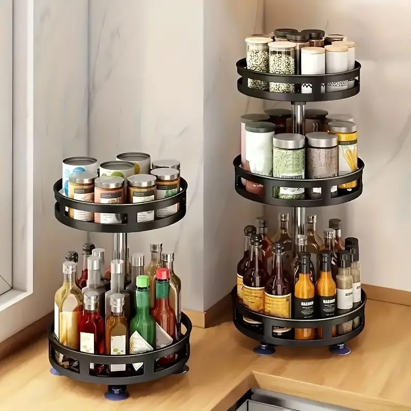 2/3 Tier 360° Rotating Kitchen Organizer, Metal Spice Rack with Storage Container, Multi-layer Lazy Susan for Spices, Oil and Vinegar, Space Saving Kitchen Storage Holder