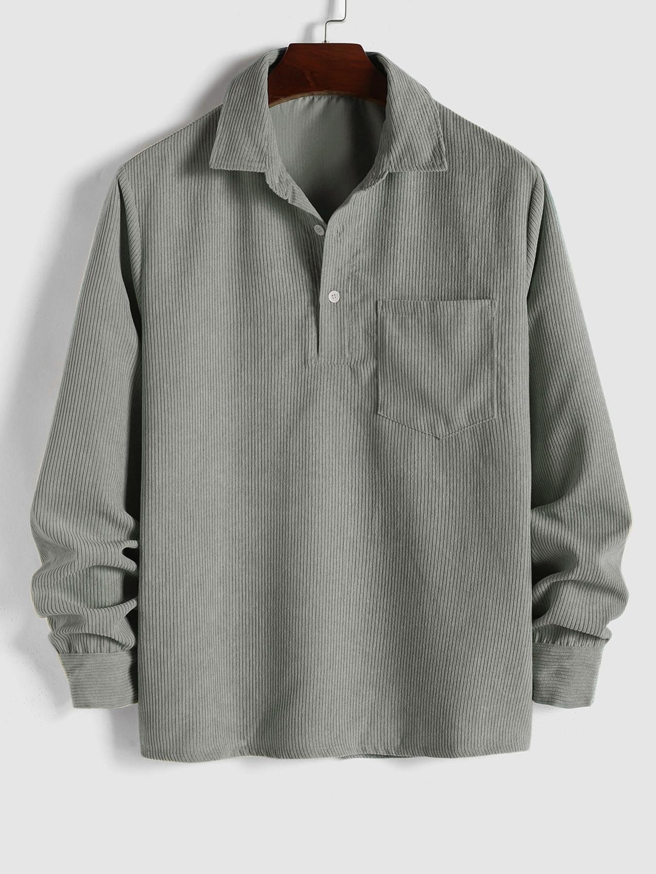 Men's Plain Pocket Half Button Corduroy Shirt, Casual Comfy Regular Fit Long Sleeve Collared Top For Fall & Winter, Men's Clothes For Daily Wear Men's Plain Pocket Half Button Corduroy Shirt, Casual Comfy Regular Fit Long Sleeve Collared Top For Fall & Winter, Men's Clothes For Daily Wear
