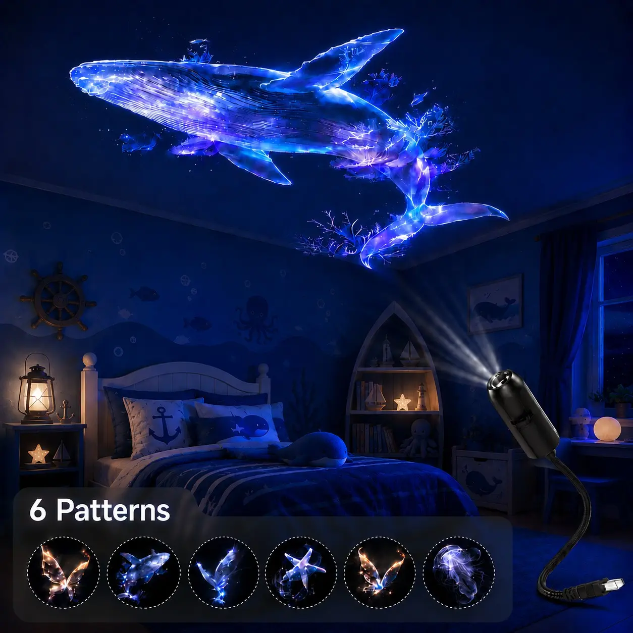 LED Ocean Projection Lamp, USB Powered Decorative Art Light with 6 Pattern Discs, Whale, Butterfly, Jellyfish and Starfish Mood Lighting for Bedroom, Home and Party Decor