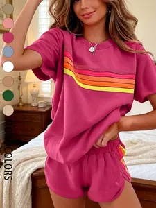Ladies' fashion two-piece set, loose and slimming rainbow stripe design, suitable for daily wear indoors during vacation commuting