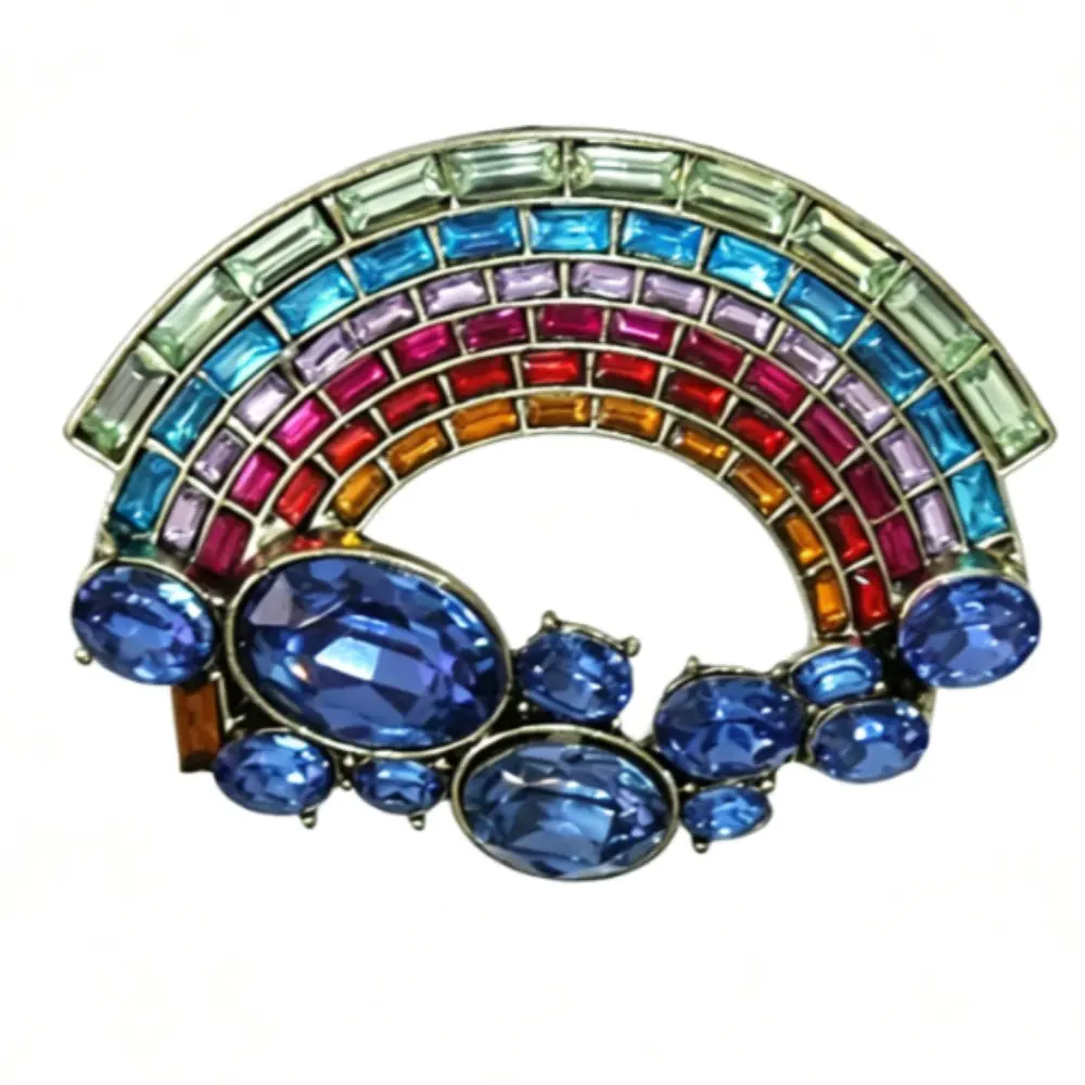 Vintage Rainbow Arch Brooch Multi Color Baguette Crystal Large Oval Blue Gem Unisex Retro Costume Corsage Pin
