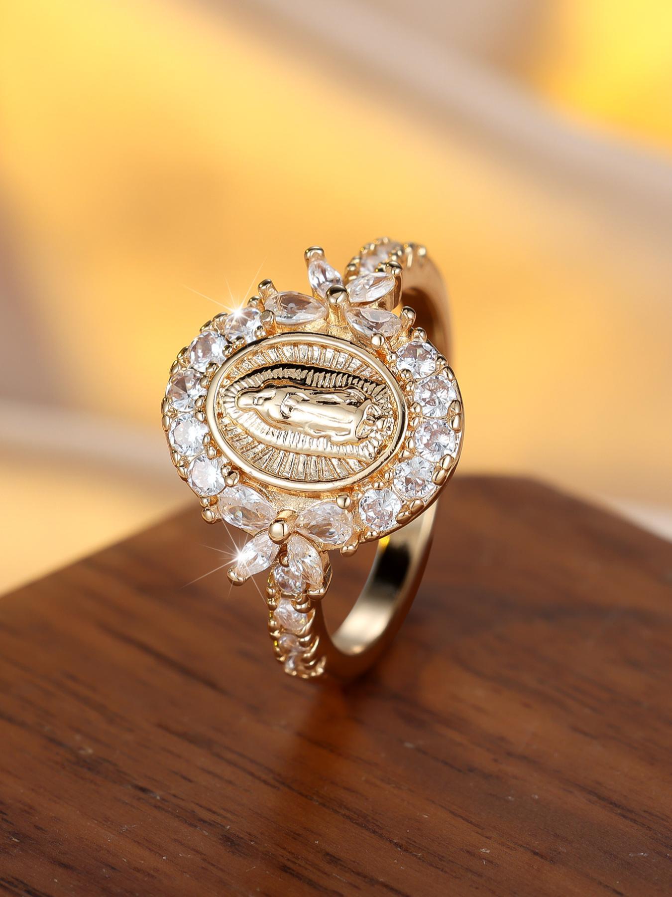 Elegant Virgin Mary Design Ring, Fashion Marquise Cut Artificial Zircon Accents Ring for Party, Everyday Accessory, Trendy All-match & Exquisite Jewelry for Birthday Gift