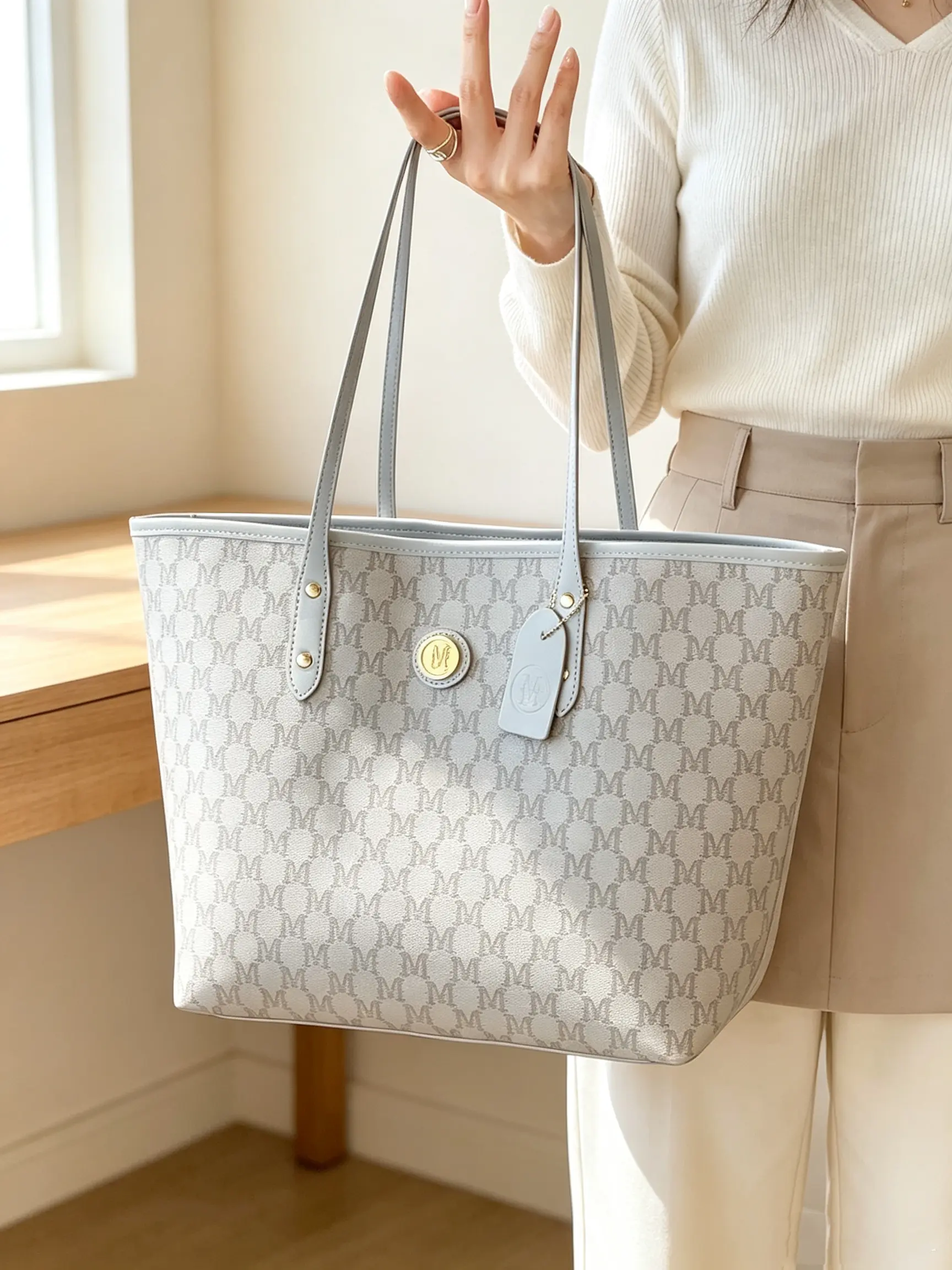 Soft Gray All Over Monogram M Print Gold Round Logo Oversized Tote Bag, Lightweight Casual Everyday Purse for WomenSpacious Laptop Shoulder Handbag for Office Daily Use