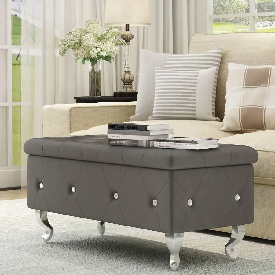 Velvet Upholstered Entryway Storage Bench, Vintage Style Flip-Top End Of Bed Storage Bench With Button Tufted Top And Decor Design, Home Office Storage Ottoman Footrest With Safety Hinge Better Safety