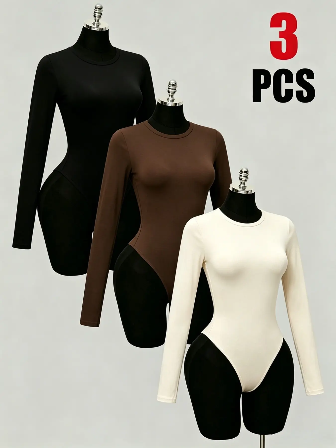 New Women's Casual Basic Essential Thermal Warm Innerwear Set, Solid Color Long Sleeve Bodysuit, Tight Fit Top, Three-Piece for Spring Summer Fall Winter