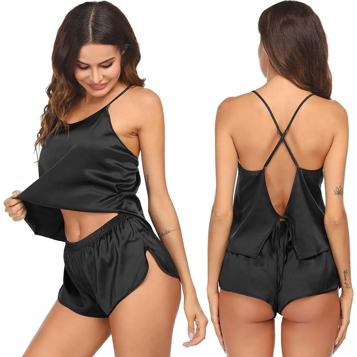 Women's 2-Piece Sexy Silk Fabric Backless Cutout Satin Camisole and Shorts Sleepwear - Ideal for Gifting, Home Use, Multi-Size