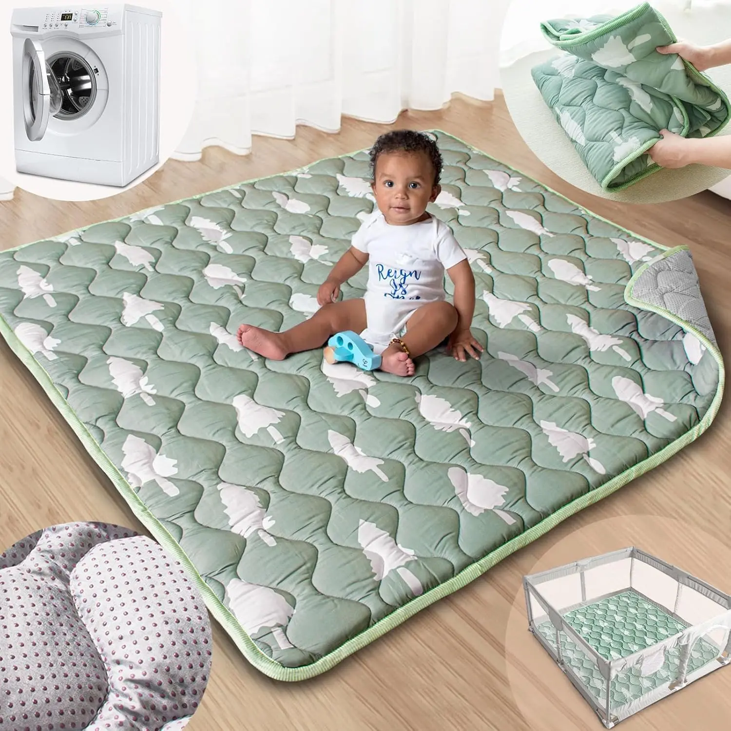 Tree Print Baby Play Mat, 50x50 Playpen Accessory with Super Soft Touch, Upgraded Anti-Slip Base, Machine Washable for Floor & Picnic Use