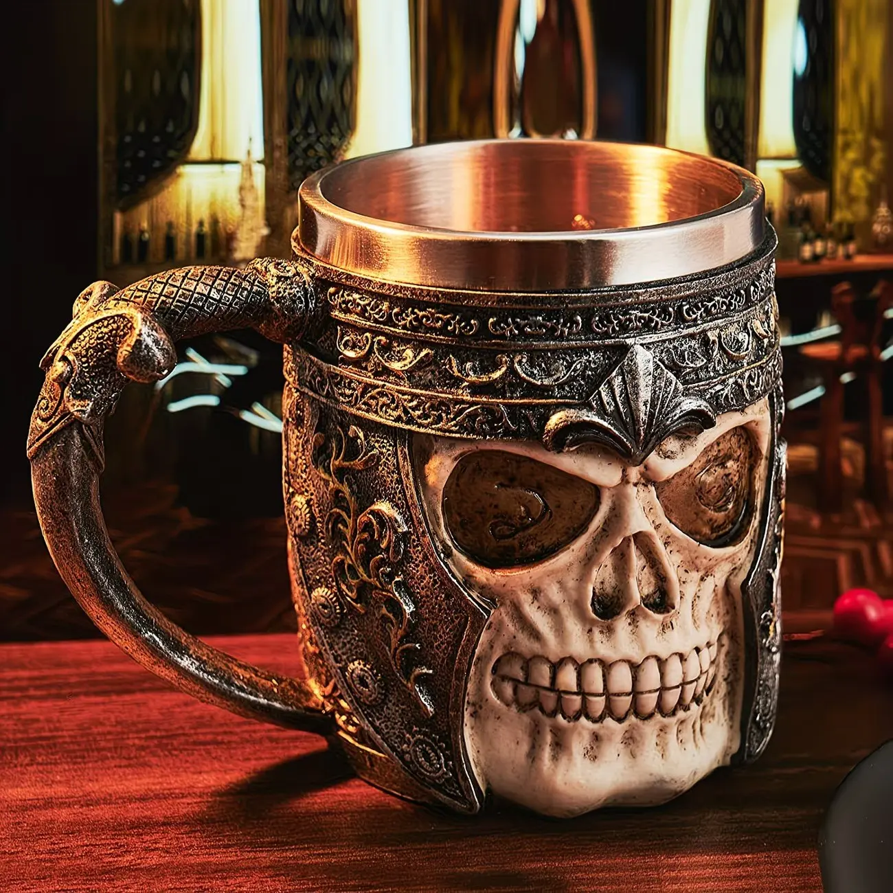 450ml Stainless Steel Viking Warrior Beer Mug, 3D Embossed Skull Knight Drinking Cup, Multi-Functional Tankard Can Be Used As Halloween Decor Ornament, Ideal Halloween Gift