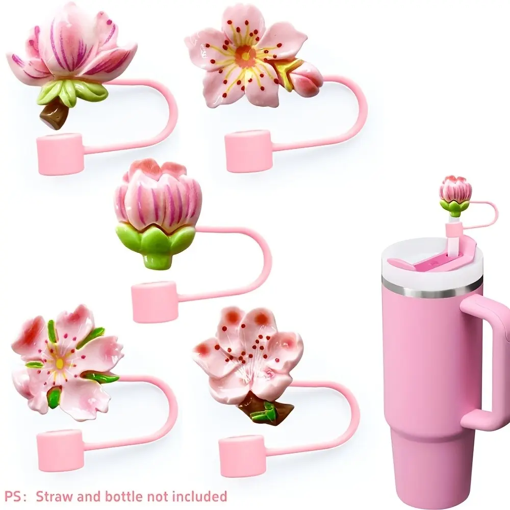 5pcs Silicone Straw Covers Toppers for Cups 30&40oz Cup Accessories -Flower Straw Caps Dust-Proof -Reusable Straws Tips Protectors for Cup 10mm 0.4in Straws