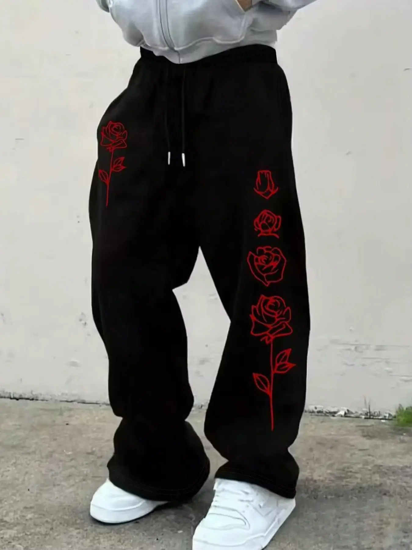 Vintage Red Outline Rose Print Baggy Wide Leg Pants, Elastic Waist Drawstring Casual Sweatpants, Dark Grunge Punk Streetwear Loose Trousers For Men Hip Hop Daily Outfit