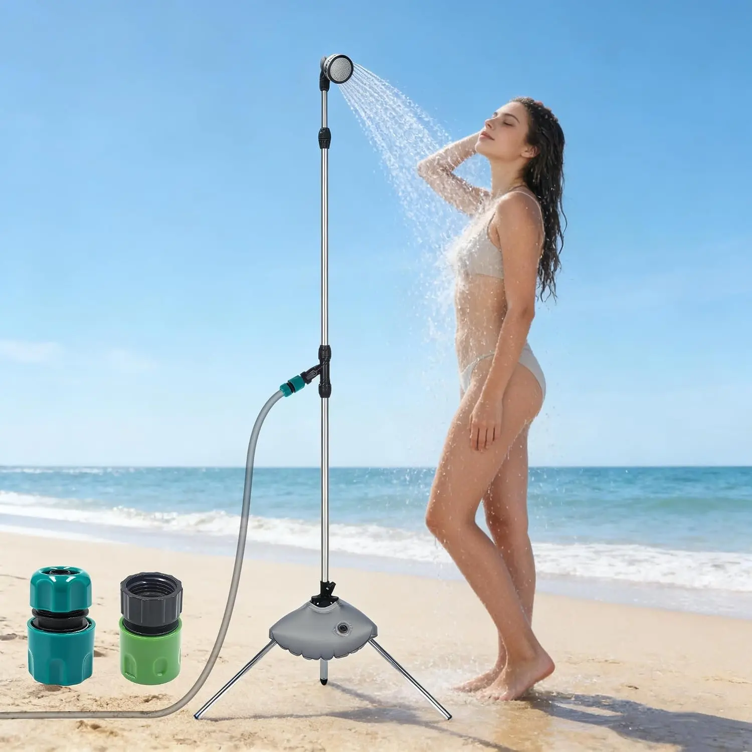 Upgraded Portable Tripod Shower, Stable Outdoor Shower with Fillable Base, 180° Rotating Head, On/Off Valve, Dual Quick Connect Hose, For Pool Beach Camping Hiking
