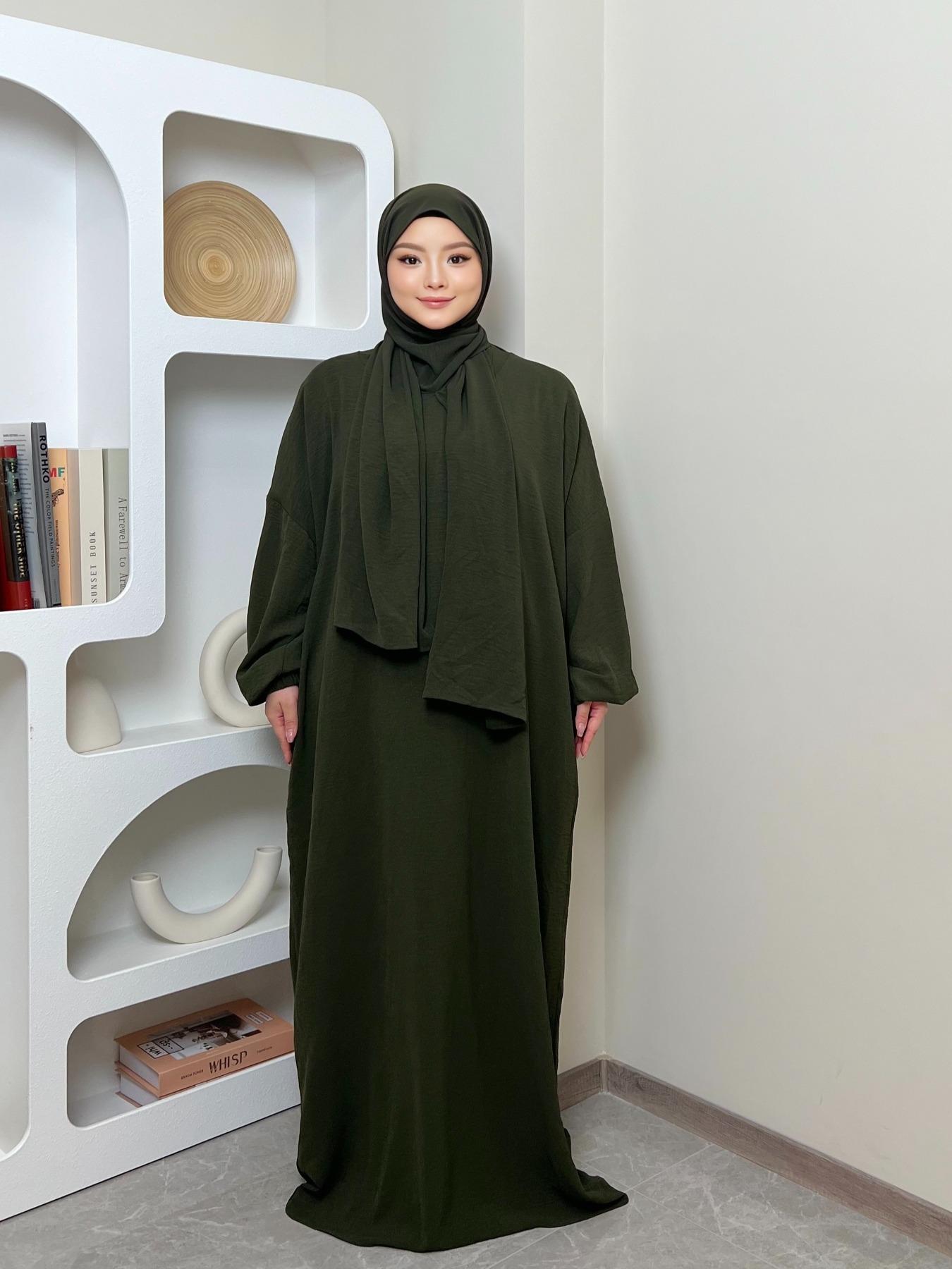 Women's Solid Pocket Bishop Sleeve Hooded Abaya, Islamic Abaya, Modest Casual Long Sleeve Abaya for Spring & Fall, Summer Outfits 2024, Muslim Clothing for Women