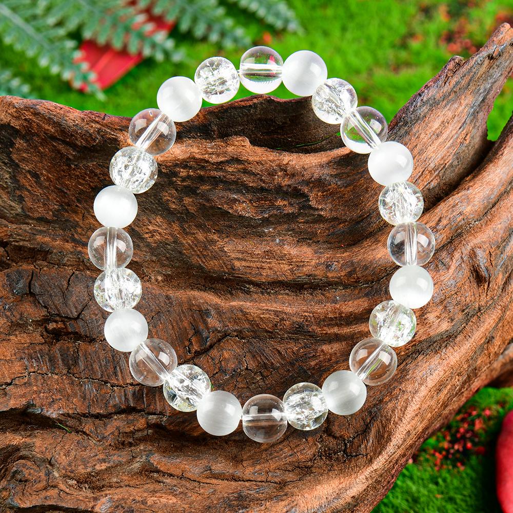 Anxiety Relief Crystal Bracelet for Women Men, Clear Quartz Moonstone Spiritual Jewelry for Calming Mind, Mental Balance & Communication, Boho Healing Reiki Gift