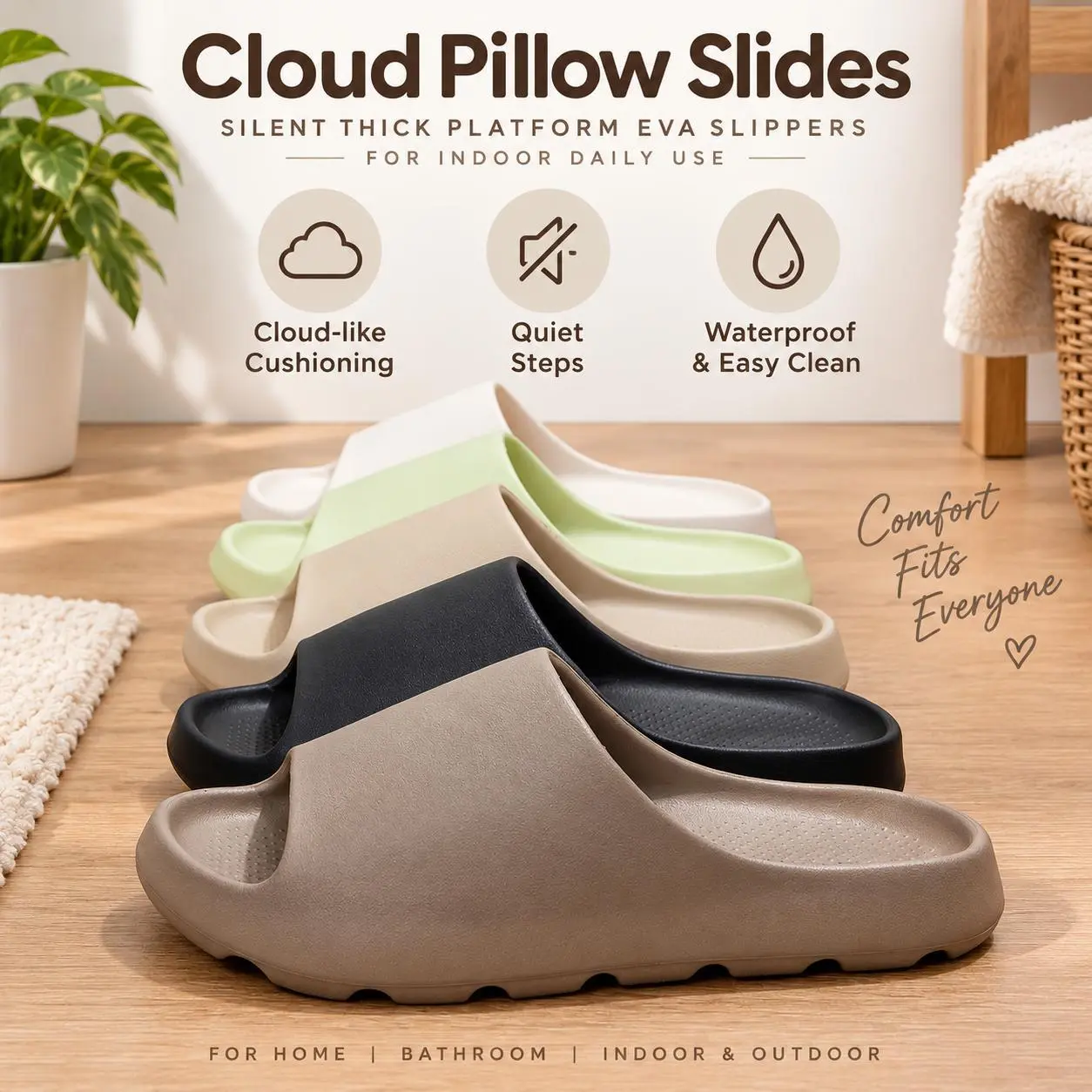 Unisex Cloud Pillow Slides - 3cm Thick Sole Silent EVA House & Bath Slippers, Non-Slip Waterproof Bathroom Sandals, Soft Cushion Quick-Clean Indoor/Outdoor Sports Slides for Men Women Platform Footwear