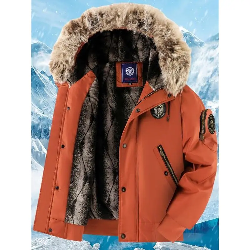 Men's Winter Coat - New Warm Hooded Jacket with Gold Print, Loose Casual Overcoat, Suitable for Cold Weather, Machine Washable, Thick & Comfortable Fleece Lining Menswear Tops