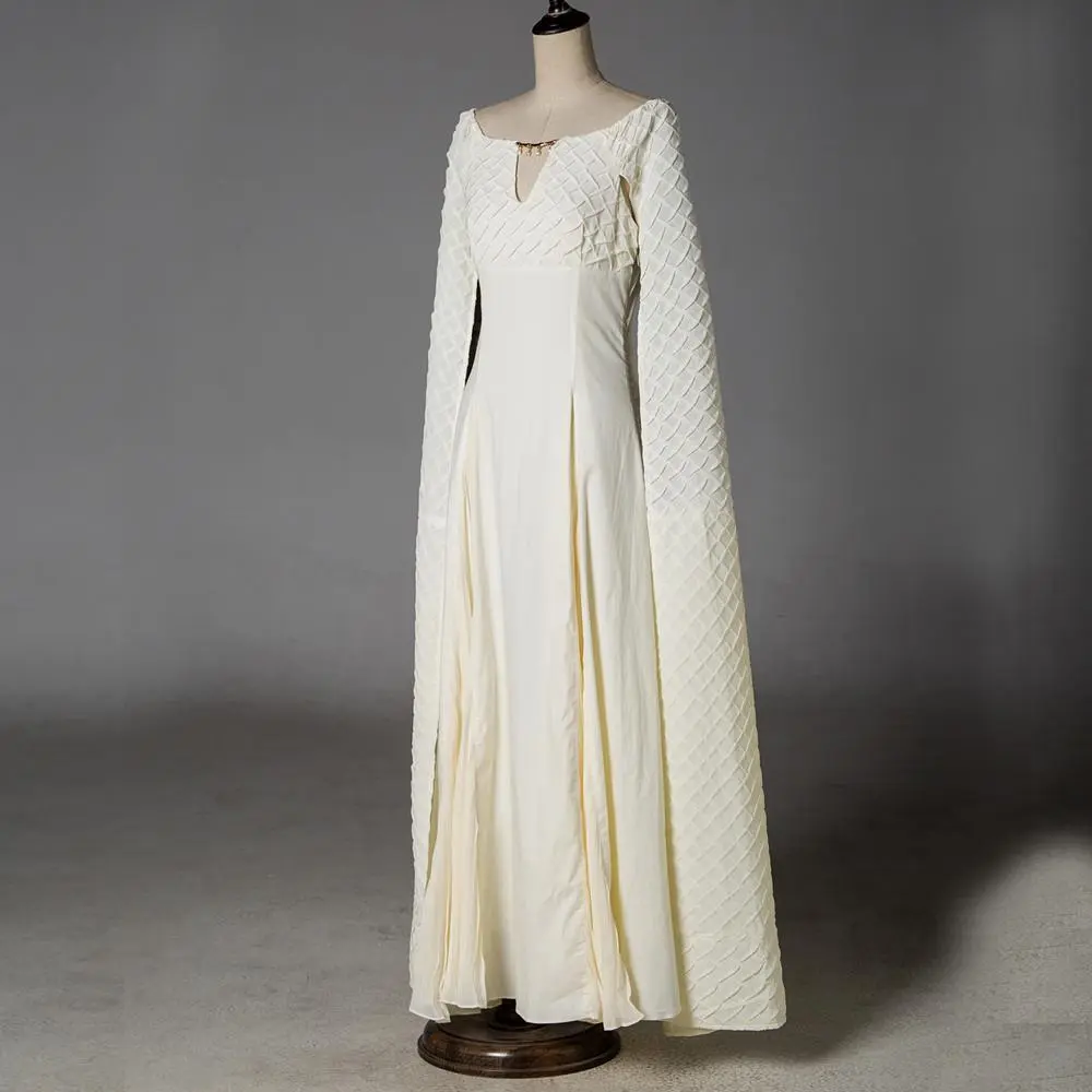 Daenerys Targaryen Cosplay Costume Halloween Queen Costume Long White Dress with Cape Vintage Medieval Princess Dress Up Costume