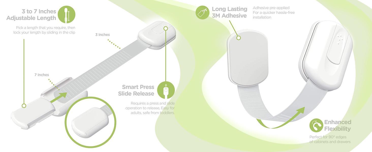 Baby Proofing Child Safety Locks (2 Pack) - The Safest, Quickest and Easiest 3M Adhesive Cabinet Latches, No Screws & Magnets, Multi-Purpose for Furniture, Kitchen, Ovens, Toilet Seats