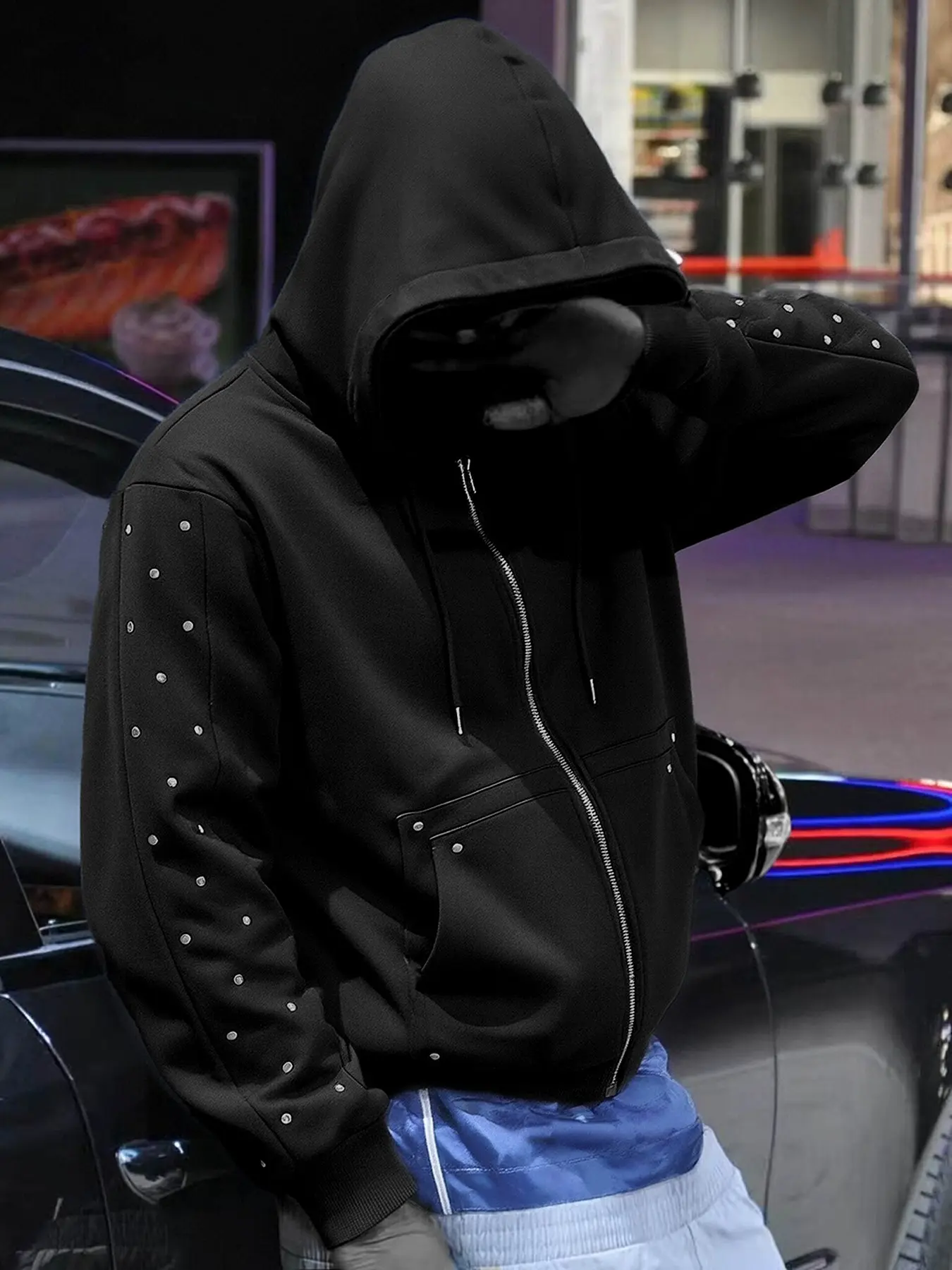 Black Streetwear Zip-Up Hoodie, Studded Long-Sleeved Hooded Jacket, Gothic Streetwear Style Jacket, Perfect for Everyday Casual Streetwear Outings.