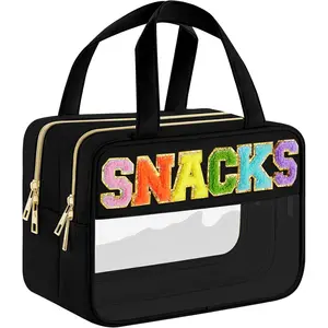 Chenille Letter Clear Makeup Bag, Preppy Clear Snack Bags with Zipper, Stuff Bag Waterproof Sunscreen Bag Travel Toiletry Bag Cosmetic Pouch for Women and Girls (Snacks, Plus Size).
