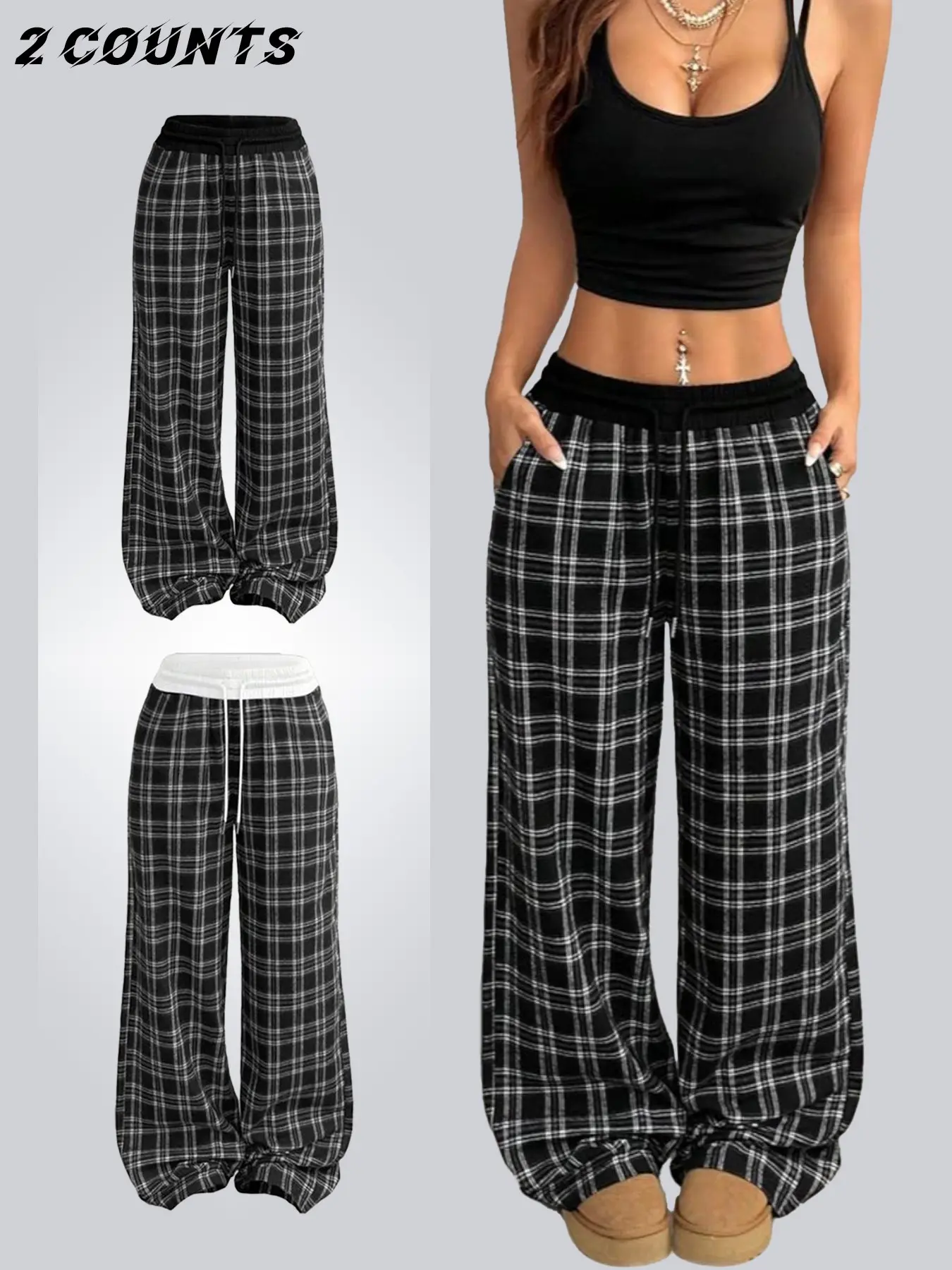 Women's Gingham Pants Plaid Casual Y2K Soft Flannel Trouser Pajama
