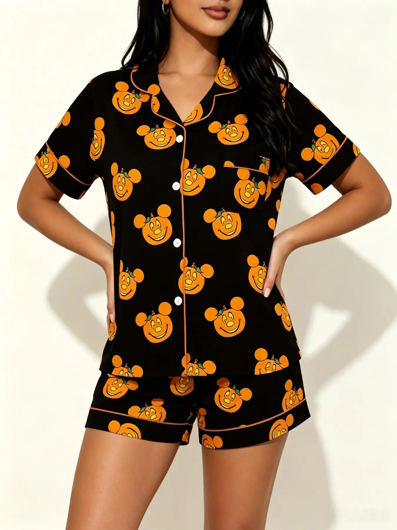 Teen Cute Cartoon Pumpkin Print Short Sleeve Pajama Set, Contrast Binding, Slim-Fitting, Breathable, Halloween Comfort Sleepwear