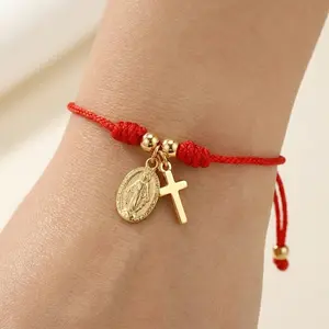Christian Cross Bracelet Set for Women – 9PCS Jesus & Virgin Mary Beaded Rope Bracelets, Boho Vintage Adjustable Red String Stackable Wrist Jewelry, Faith Inspirational Religious Gift for Baptism, Easter, Birthday, Valentine’s Day & Daily Wear