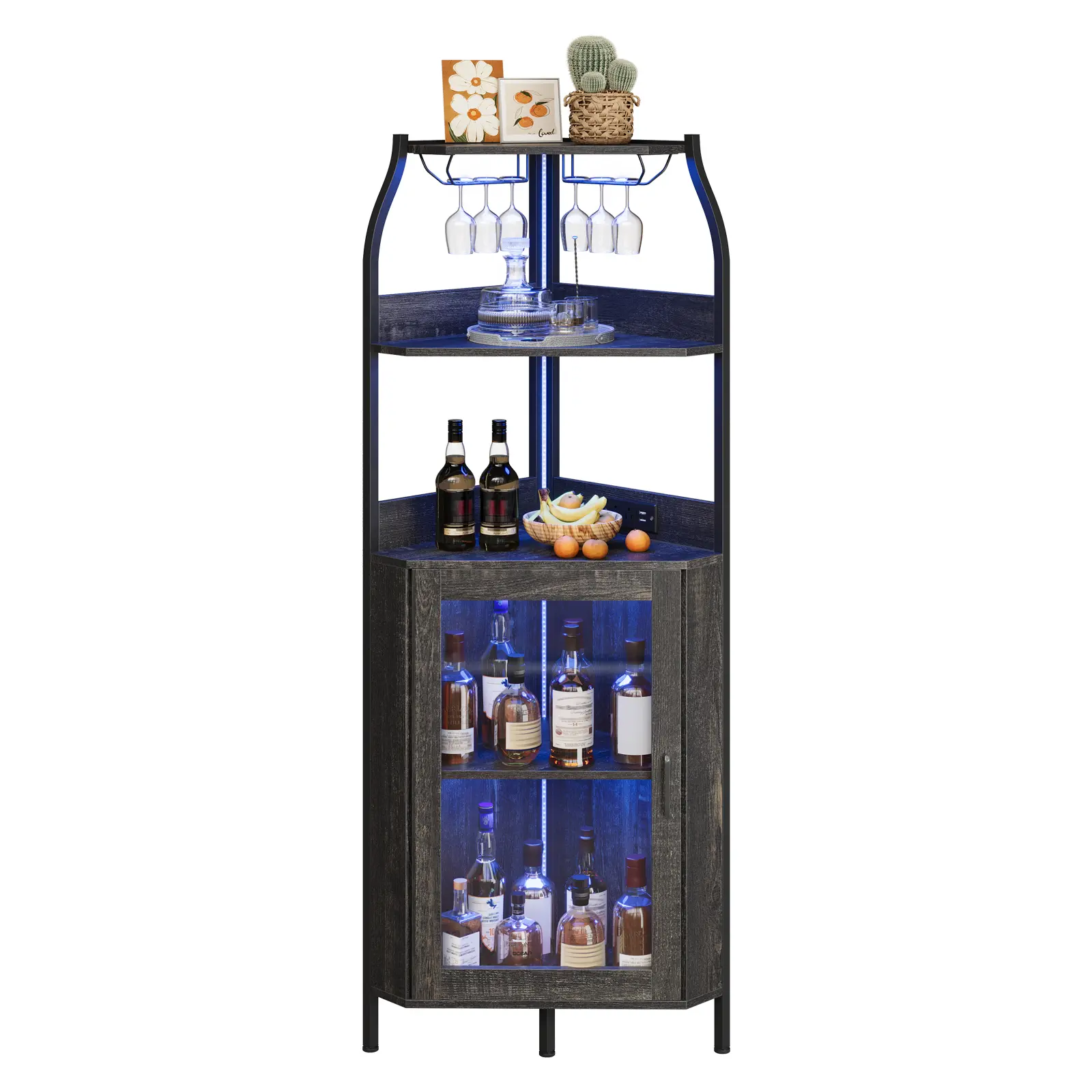 68" Tall Space-Saving Corner Cabinet for Modern Homes - Wine & Liquor Storage Cupboard with Power Outlet, LED Lights, Glass Panel Door, Adjustable Shelves, Stemware Rack