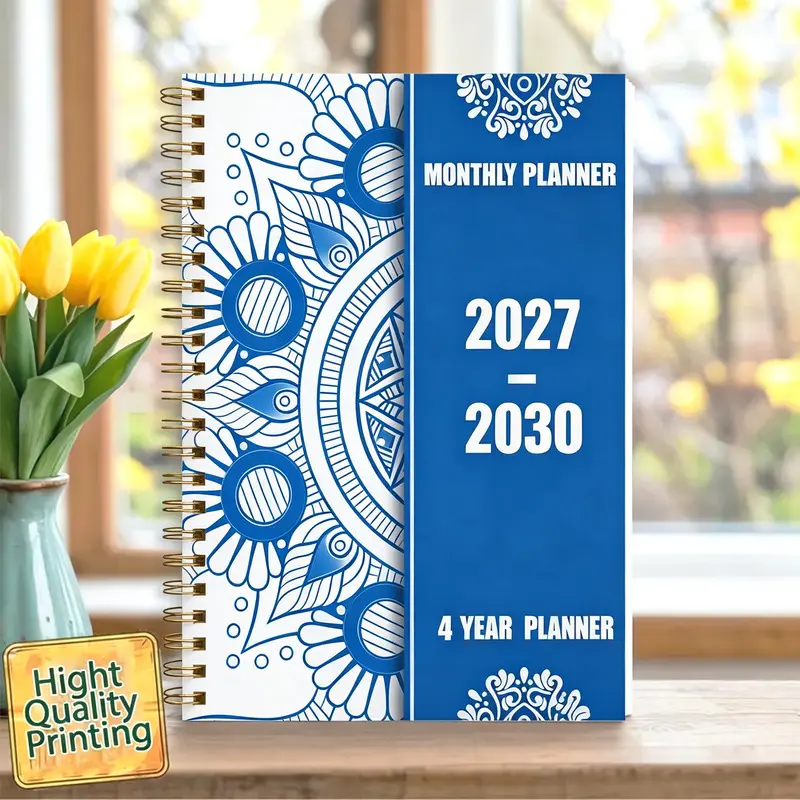 2027-2030 Monthly Planner/Calendar - January 2027 - December 2030, 4-year monthly planner, blue and white gradient cover design, annual calendar, monthly tags, 48-month calendar, 5.5" x 8.3" thickened paper, elastic cover, durable double-thread spiral bin