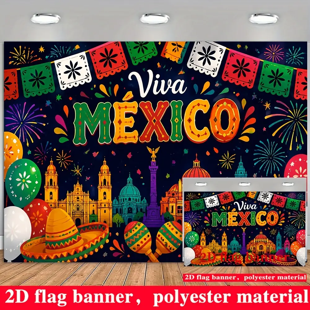 2D Flat Banner Viva Mexico Themed Polyester Photography Backdrop, HD Digitally Printed Soft Lightweight Foldable Background Cloth, for Mexican fiesta parties, holiday events, product photos, portrait shooting, video studio, livest