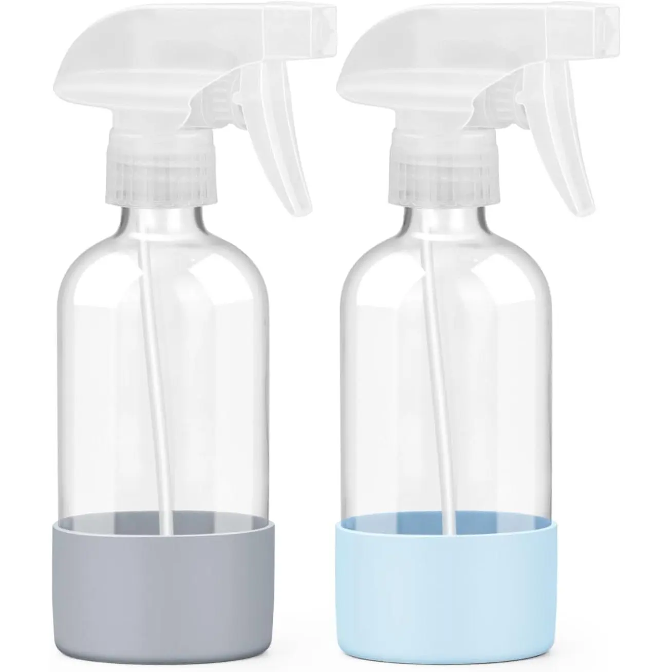 2-Pack 8oz Recyclable Glass Spray Bottles, Empty Refillable Containers with Sleeve Protection & Adjustable Blue-Grey Nozzles for Home Cleaning Spraying Solutions, Hair Care