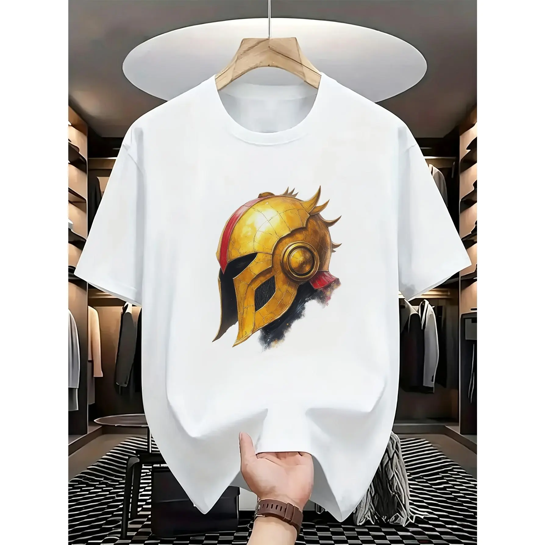 Spartan Warrior Helmet Graphic T-Shirt for Men, 100% Cotton Crew Neck Short Sleeve Greek Warrior Streetwear Tee