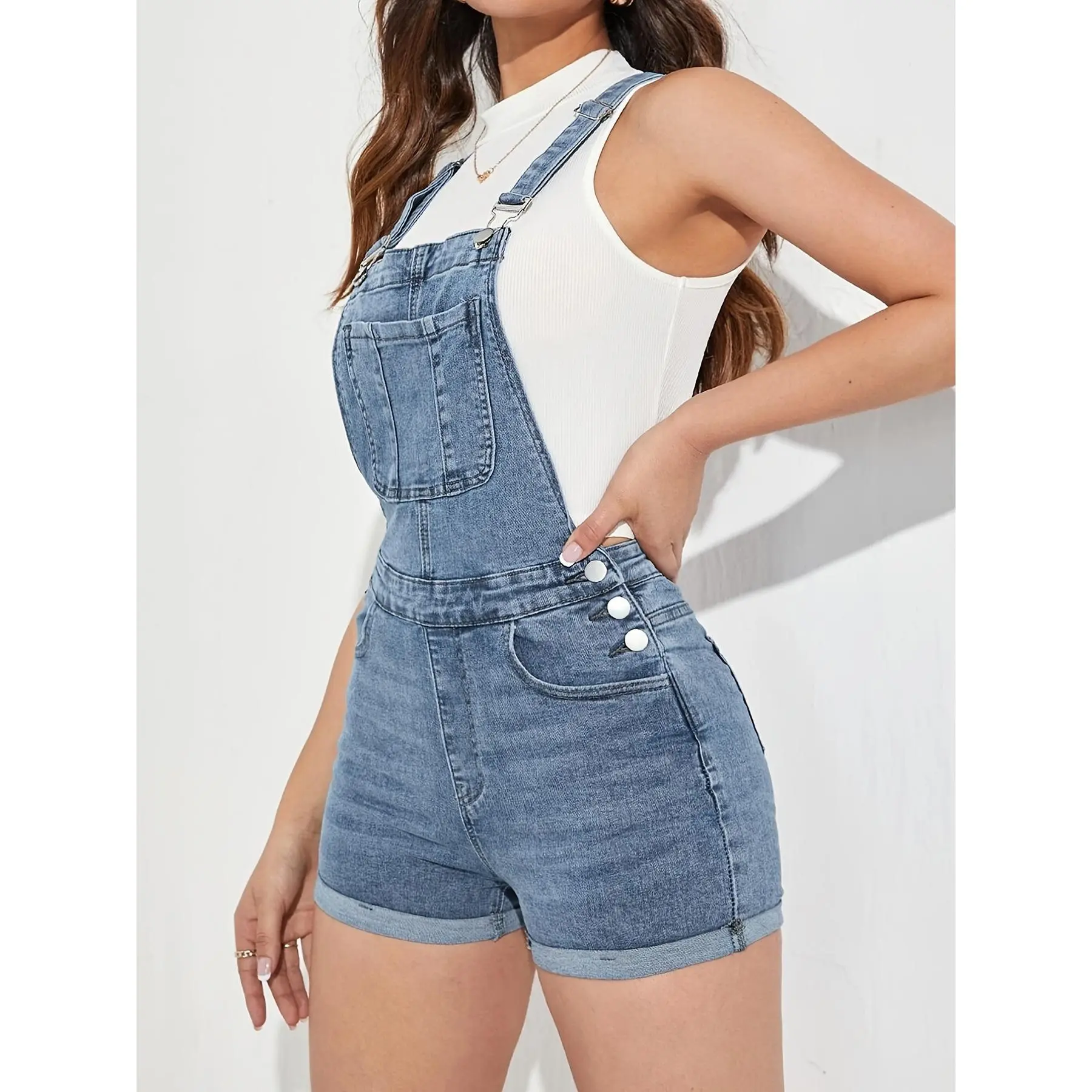 Women Denim Short Overalls Adjustable Straps Rolled Hem Pocket Washed Blue Jean Bib Short Jumpsuit