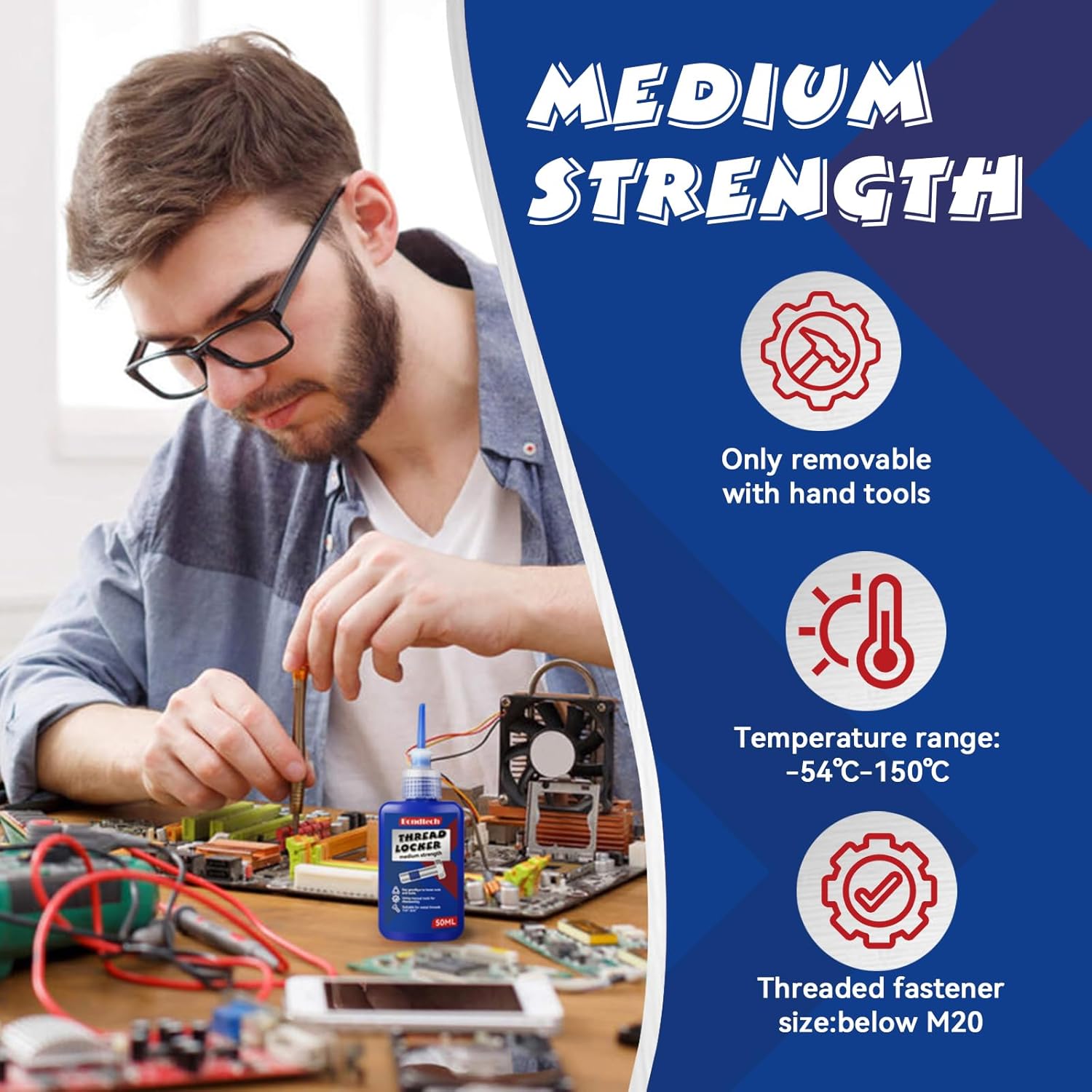 Thread Lock Blue and Red, Threadlocker Medium and High Strength, Thread Locker for Nuts, , Fasteners and Metals, Against Losening and Leakage (Medium-50ml2pack)