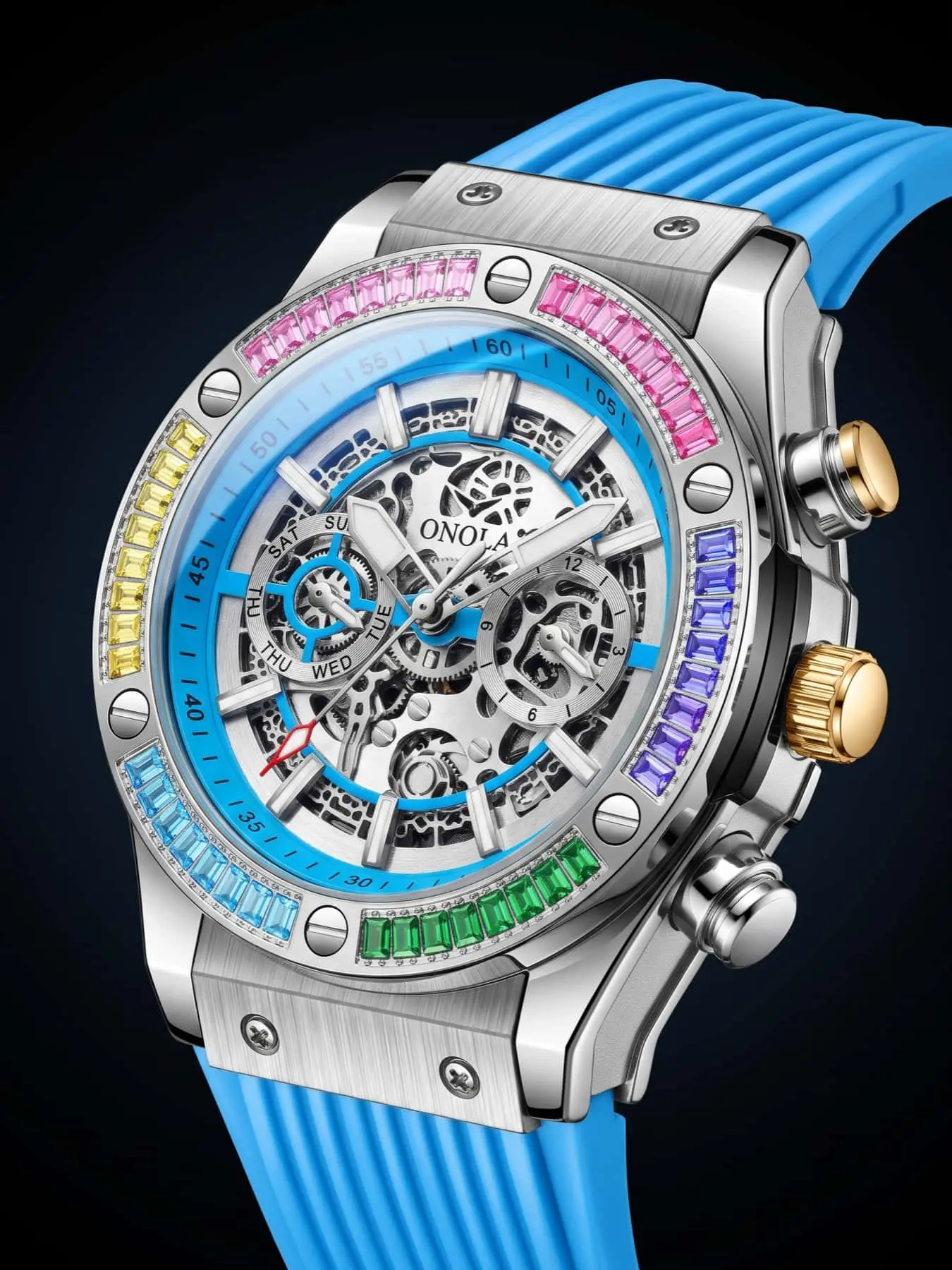 ONOLA Men's Mechanical Watch, Chronograph, Luminous Analog Watch, Tonneau Hollow Skeleton Dial, Colorful Rhinestone Bezel, Soft Silicone Strap, Hip Hop Luxury Male Watch, Fashion Gift For Gentlemen