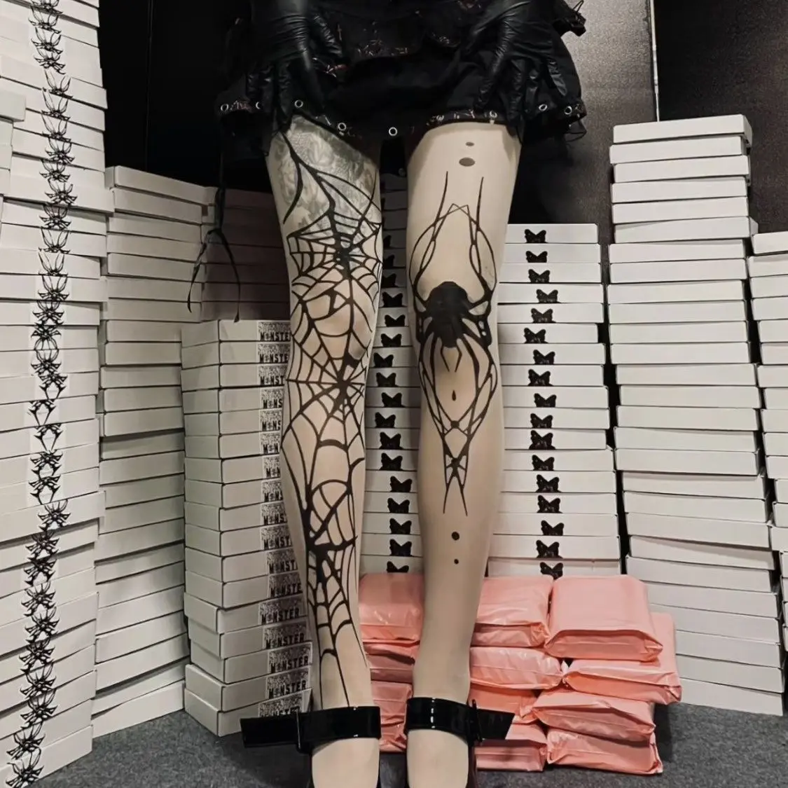 Spider-Print Gothic Tights - Cut-Resistant Punk Cobweb Sheer Pantyhose, Witch Halloween Costume Stockings for Women, Black Stretch Hosiery, Breathable Decorative Pattern, Party & Cosplay