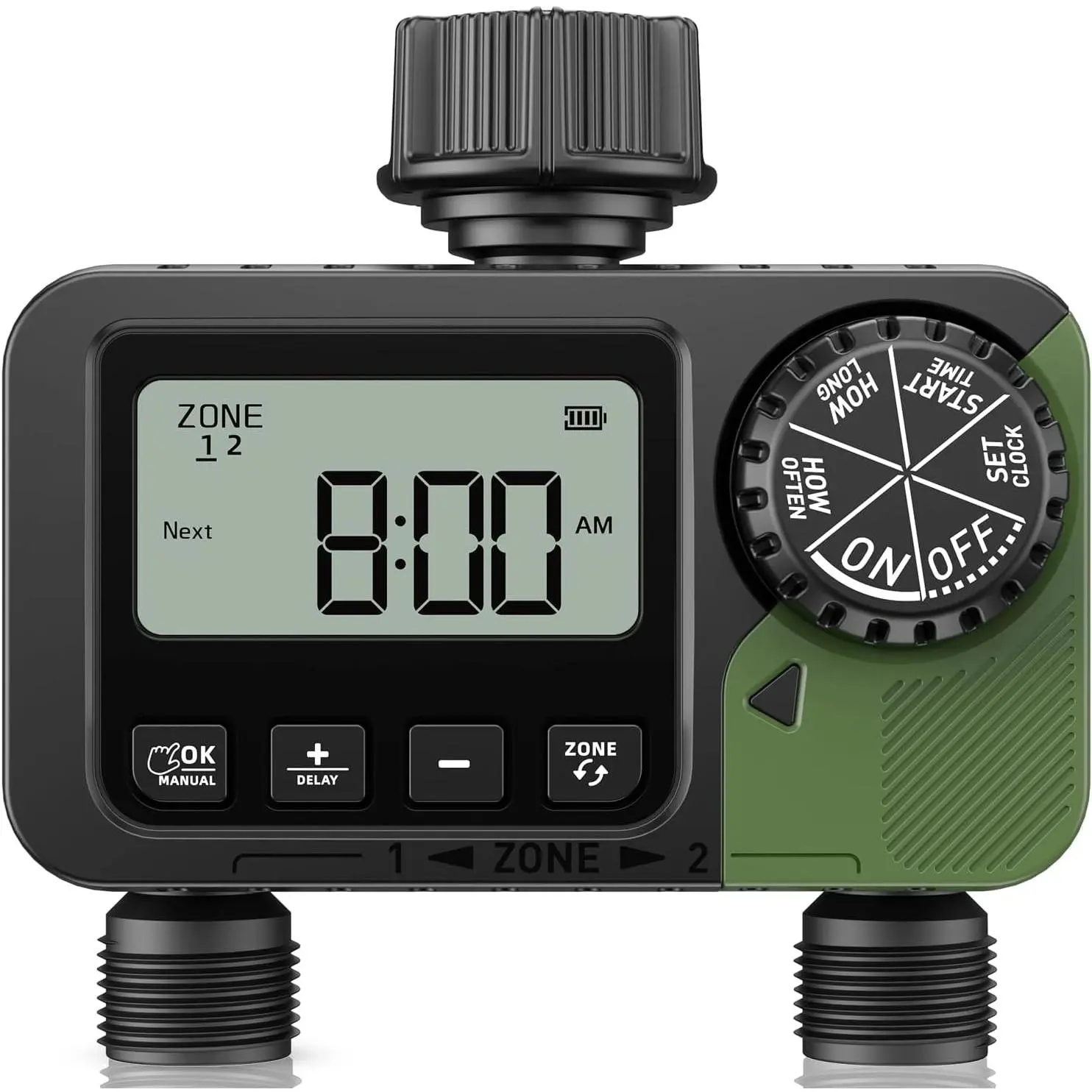 2 Outlets Programmable Sprinkler Timer, Digital Water Hose Timer with Rain Delay/Manual/Automatic Watering System, Outdoor Auto Irrigation for Garden Yard Lawn with Large Display, Black & Olive Green