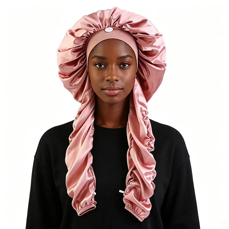 Viral Pink Extra Long Braid Locs Bonnet Cap with Button Soft Silky Satin Hair Tube Sleeve Dreadlock Wrap Night Sleep Bonnet Women Daily Lounge