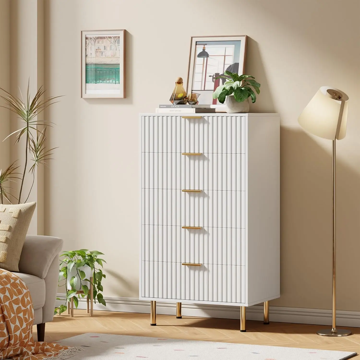 Modern Fluted 5 Drawer Dresser – 48" Tall Wooden Chest with Deep Storage, Wide Top, Organizer for Bedroom, Living Room, Hallway, Kids Room – White/Wood/Grey/Green