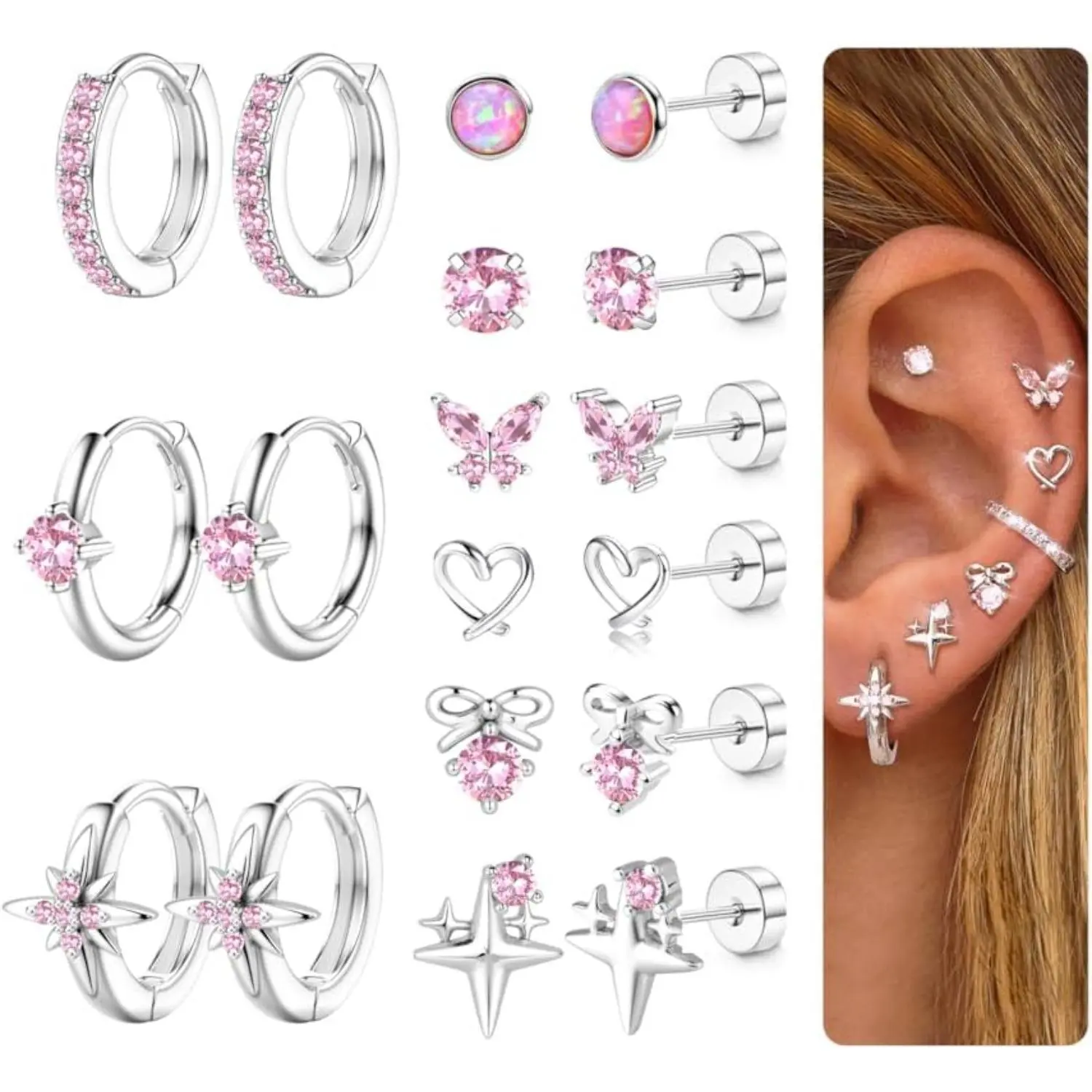 THUNARAZ Women's 9-Pair Minimalist 316L Surgical Steel Hypoallergenic Flat Back Earrings Set - 20 Gauge Posts, Stackable, Everyday Use for Sensitive Ears, Studs, Hoops, Cartilage Piercings, Earrings For Women