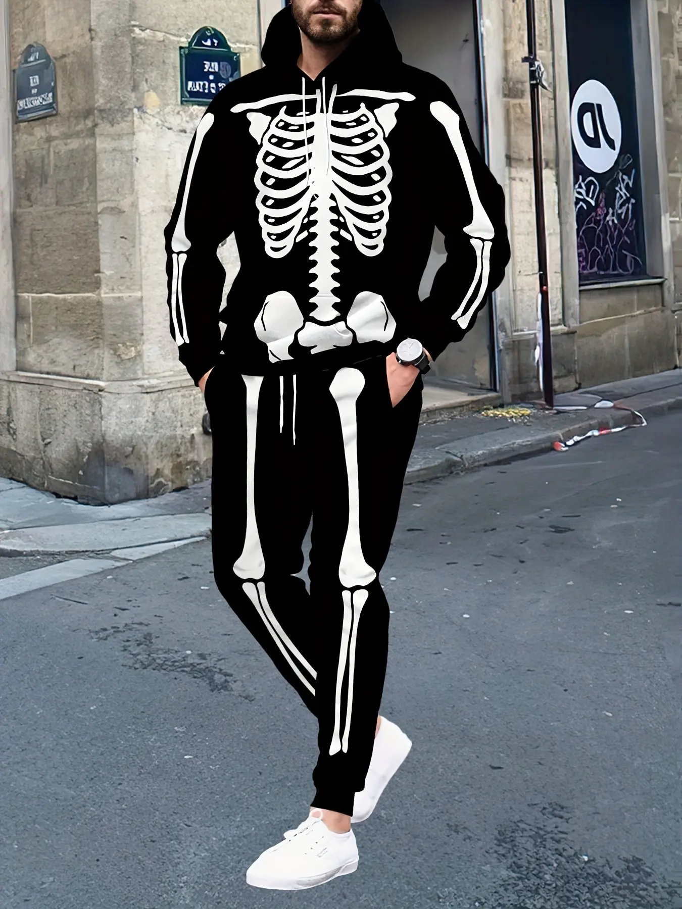 Symmetrical Skeleton Pattern Hoodie Set, Halloween Creative Print, Polyester, Casual Urban Style, Fall Winter Series